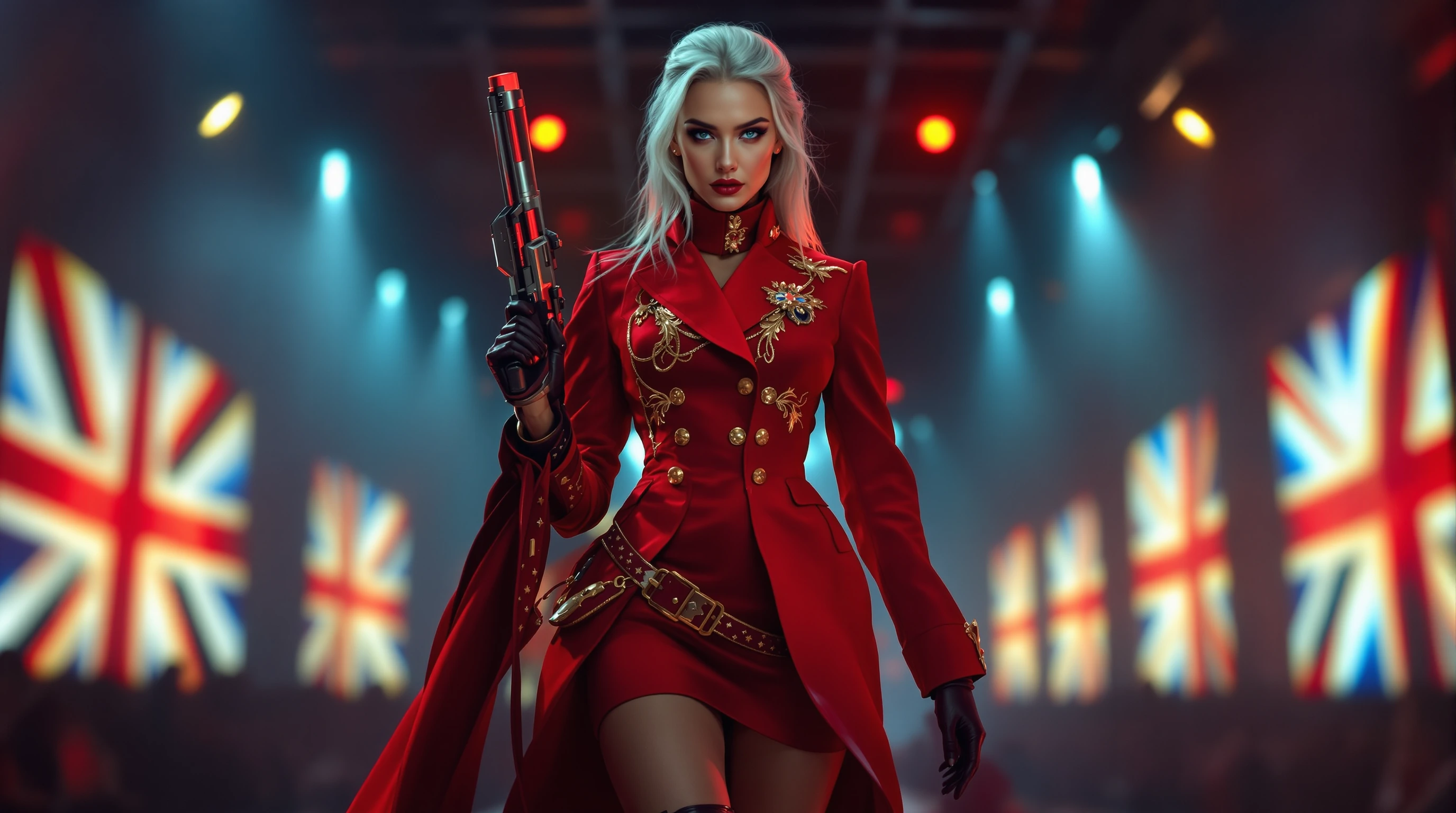 A silver-blonde supermodel with piercing blue eyes confidently struts in a modern reinterpretation of a British Red Coat uniform—a tailored crimson jacket with gold embroidery and subtle Union Jack-patterned buttons over a structured high-fashion dre
