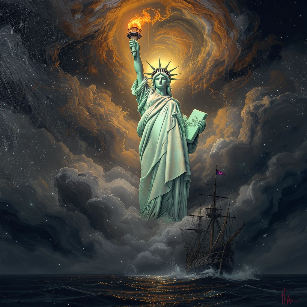 A breathtaking surrealist digital art piece featuring a colossal Statue of Liberty emerging from dense, voluminous cumulus clouds. The statue is rendered in a smooth, white marble texture, partially integrated into the cloud formations. She holds a g