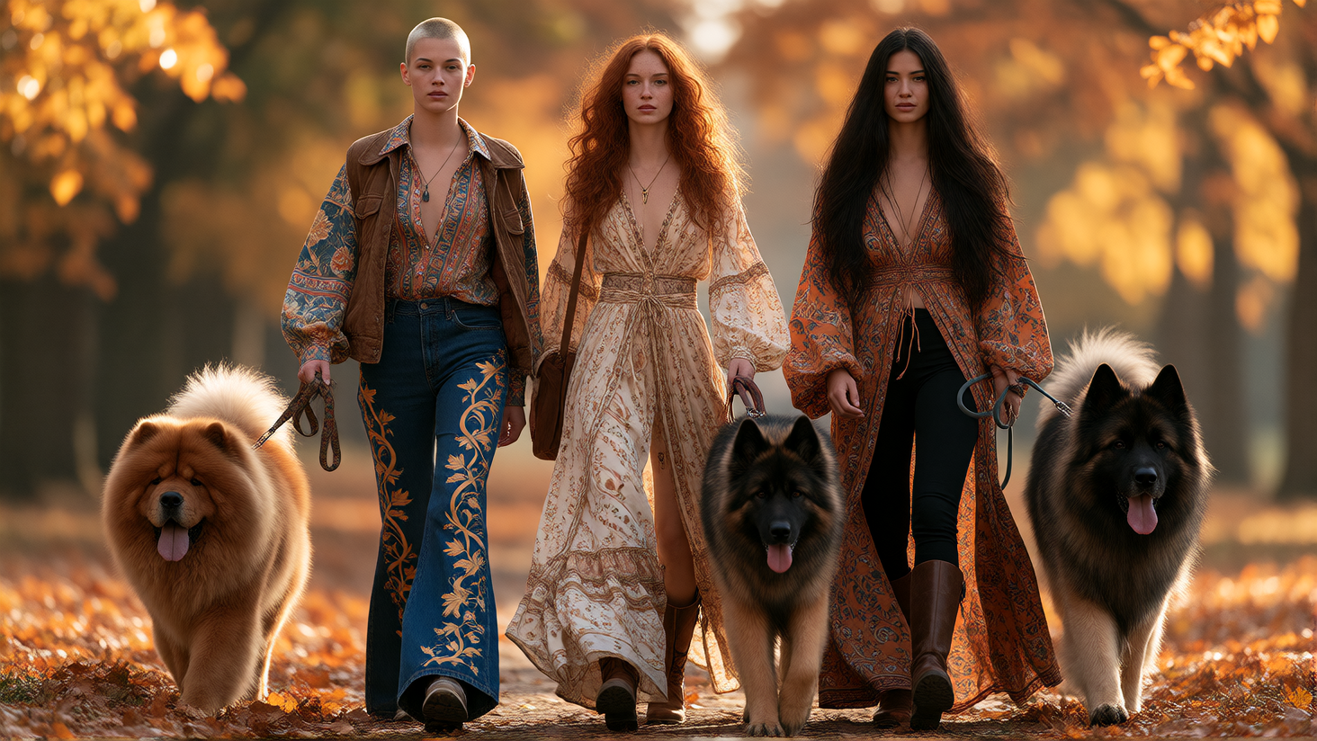 Photorealistic image of a trio of young supermodels dressed in Boho Autumnal Fashions while walking their dogs together in the Autumn Park. The group of women: 1. Shaved Undercut Short Blonde Hair, Running shoes, Flared Indigo Jeans Embroidered with
