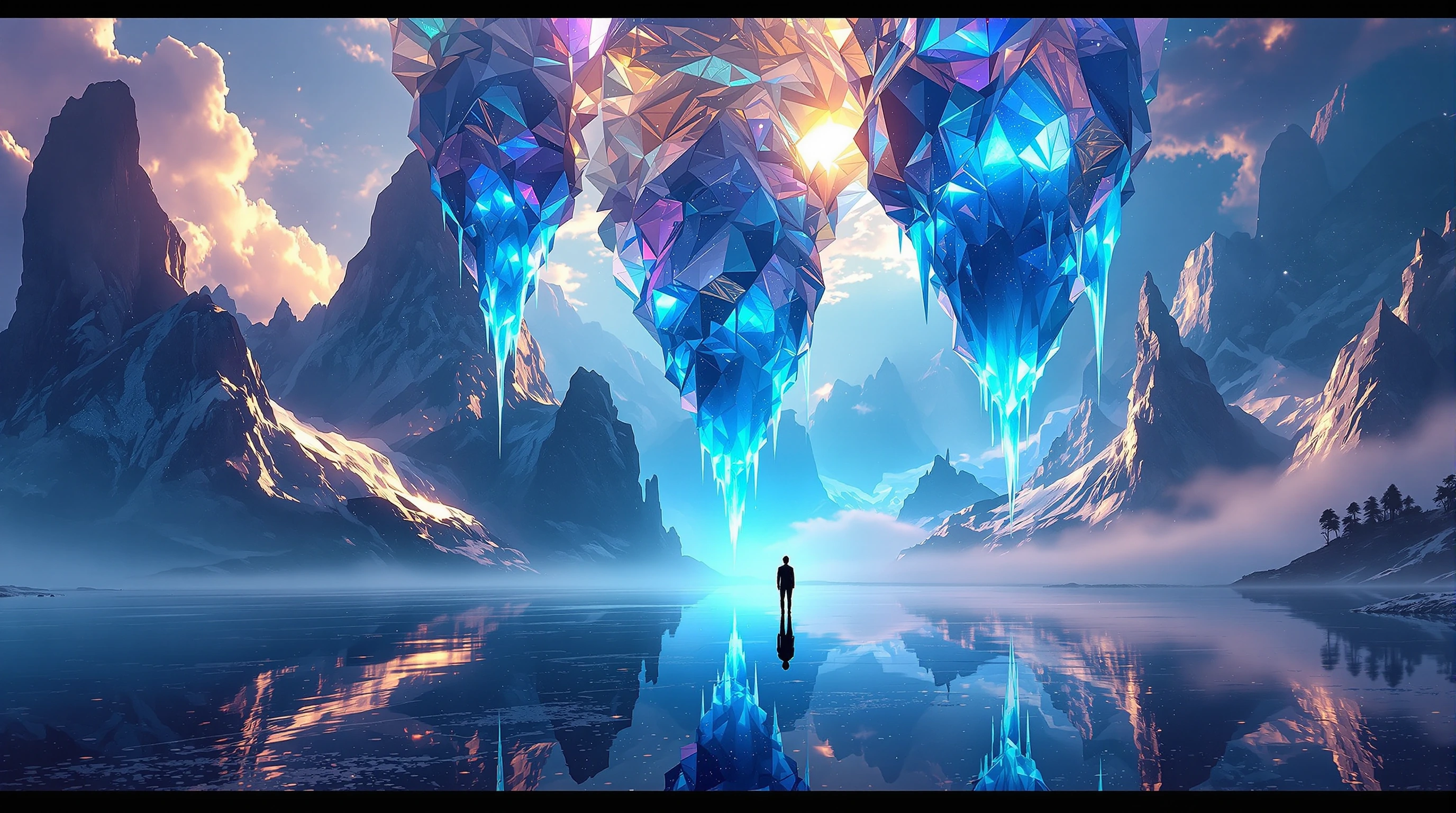 a surreal landscape where gravity defies itself: crystalline mountains float upside-down in a luminous sky, their peaks dripping with liquid light that pools into impossible geometries below. in the foreground, a solitary figure stands on a mirror-sm