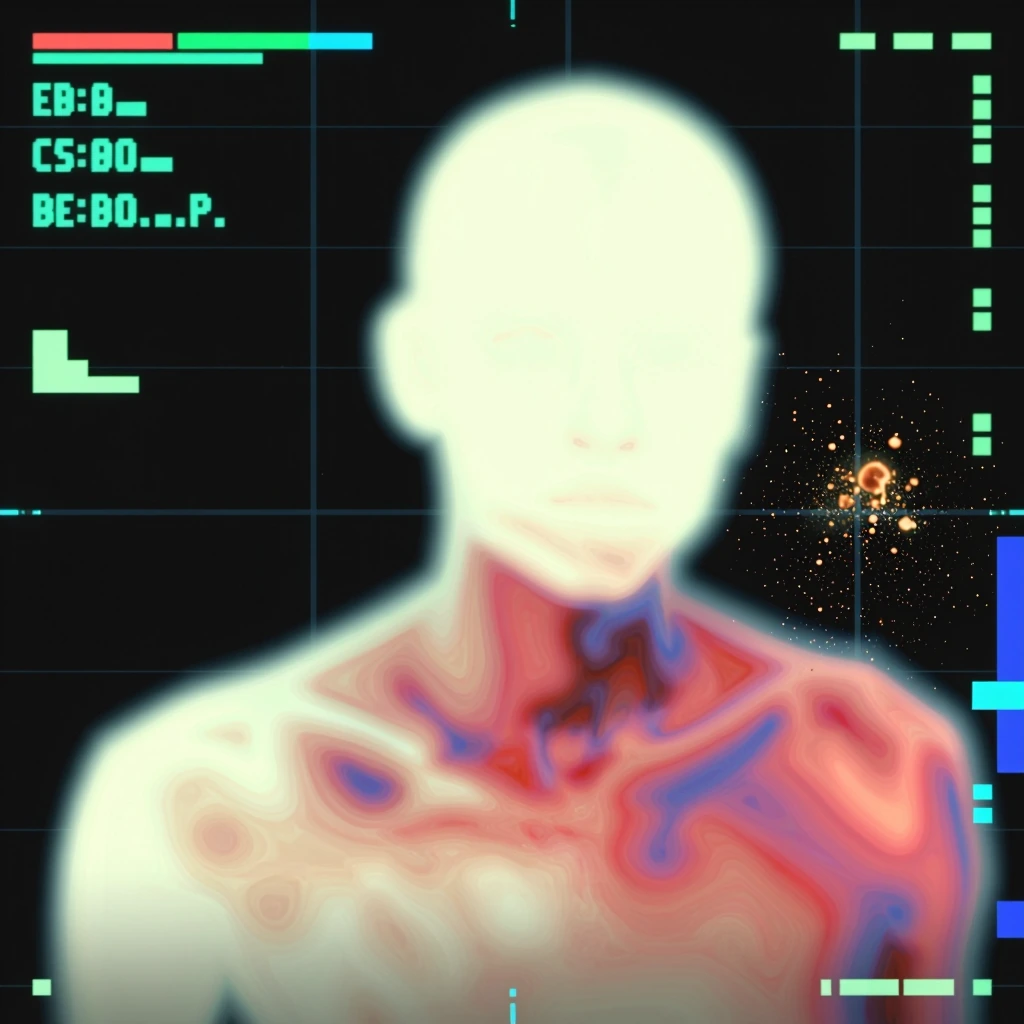 A thermal imaging scan of a [subject], displayed in glowing [color1] and [color2] heat gradients against a pixelated dark background. Overlaid with data readouts, gridlines, and diagnostic markers, the image evokes a futuristic surveillance system in