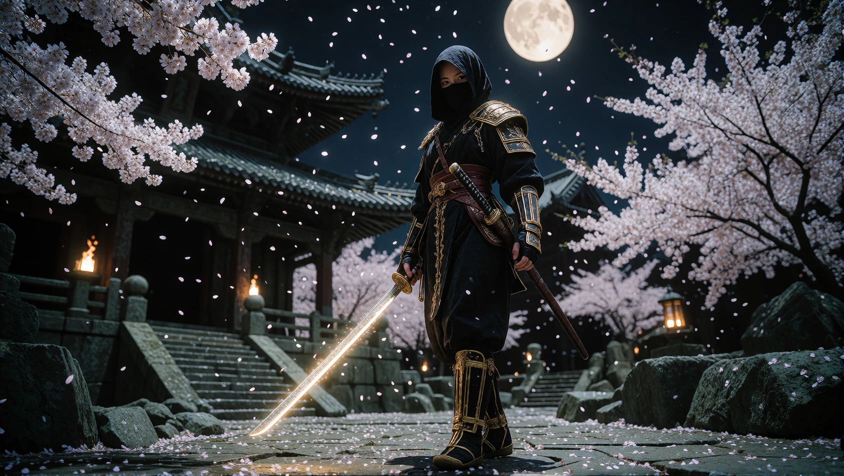 Asian female ninja in form-fitting masked hooded suit, ancient temple ruins at midnight, glowing katana in hand, cherry blossom petals falling, full moon backdrop