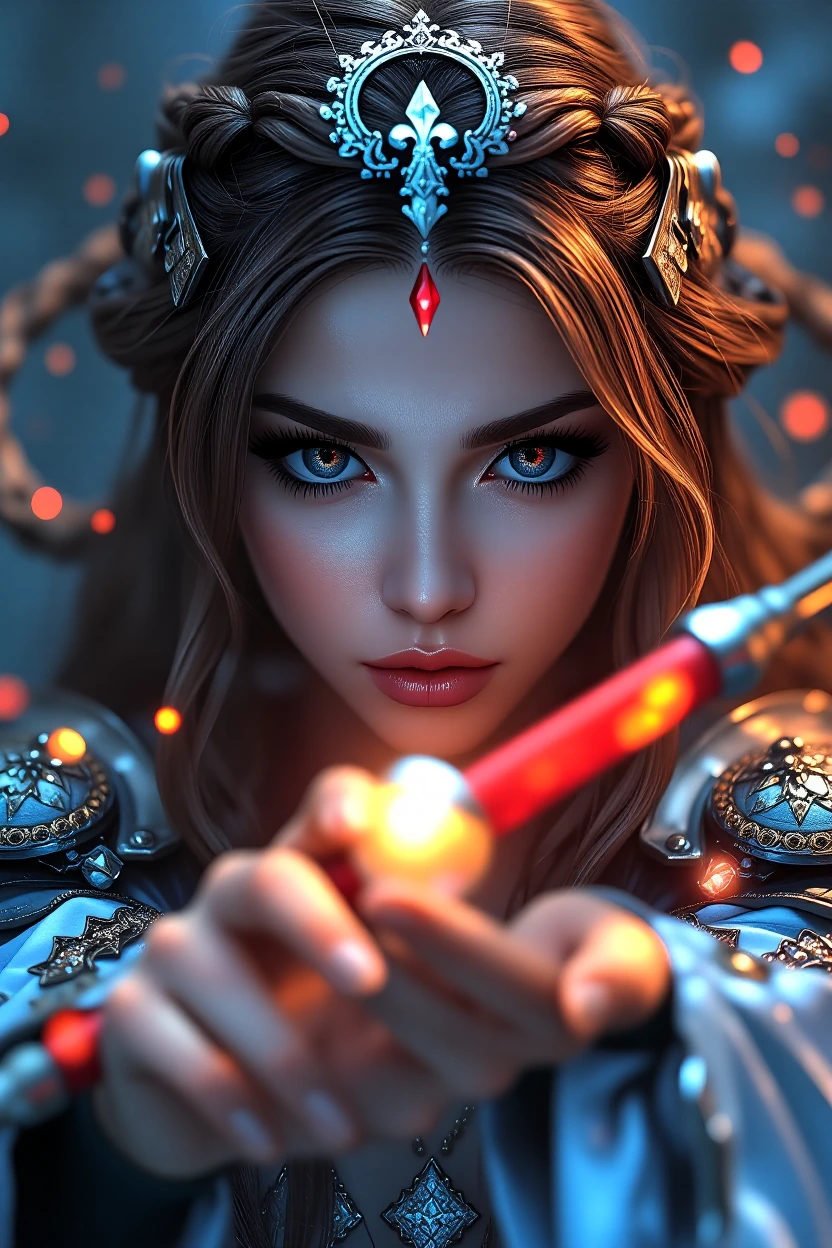 A long brunette haired mage woman with twin twin braids, anime with a two hand staff looking like she is casting a spell to battle. She has a mage armor sexy much like in sailor moon shows inspiration but more realistic