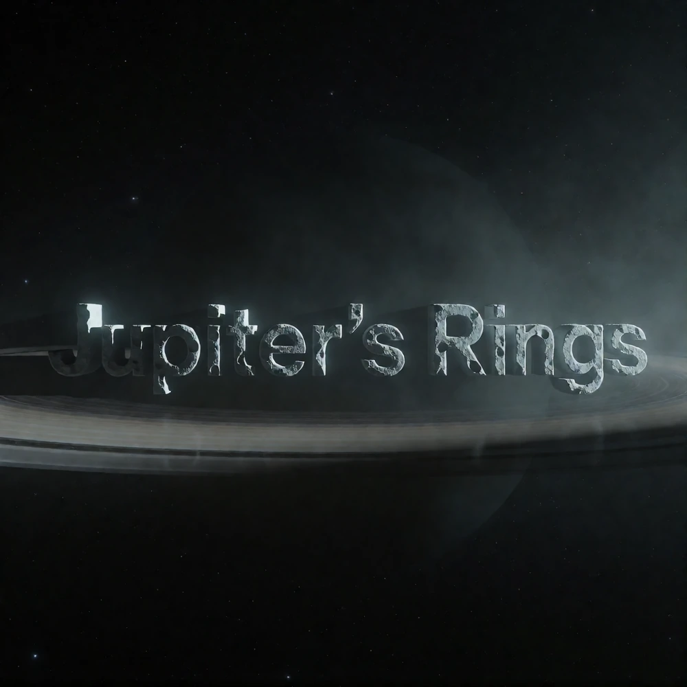 The words "Jupiter's Rings" rendered as massive 3D block letters floating in deep space, each letter carved from ice and rock with jagged, cratered surfaces catching stark sunlight, arranged in a wide arc that mirrors the curve of Saturn's rings belo