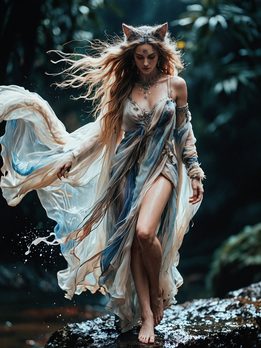 A photorealistic cinematic image of a nekomusume, an extraordinarily beautiful sensual woman with catlike ears and tail standing barefoot on a dark wet stone in an enchanted forest. Long flowing hair whipped violently by the wind, sheer translucent l