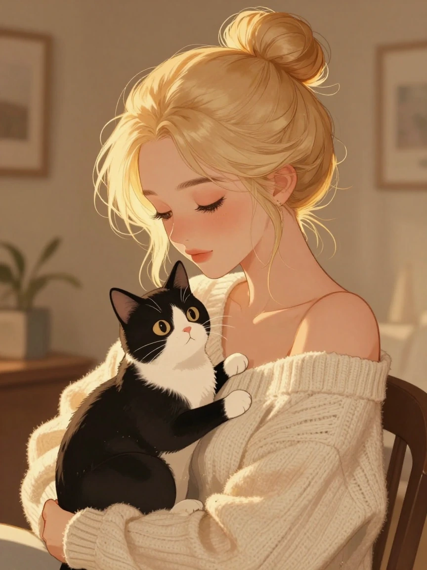 Blonde woman with voluminous updo hairstyle wearing off-shoulder sweater, holding black and white cat, warm golden lighting, cozy interior setting, anime illustration style, soft glowing ambiance, tender moment, detailed character art