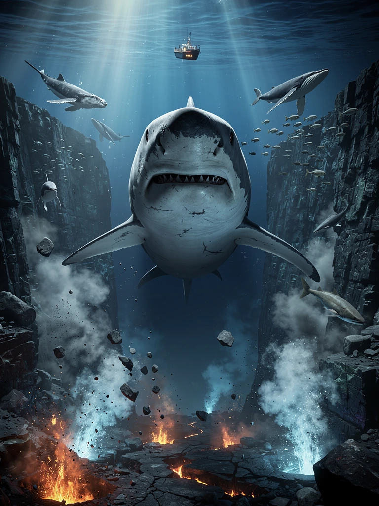 A scientifically accurate adult Megalodon dominates the scene, emerging from a colossal abyssal trench as the undisputed focal point, its immense head