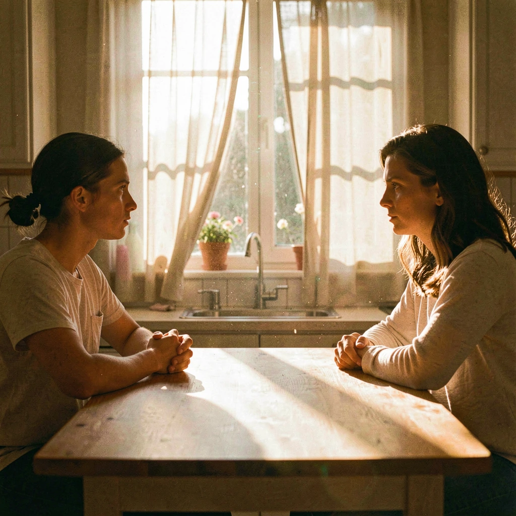 intimate domestic scene with soft morning light streaming through half-drawn curtains, creating gentle rays and shadows across a kitchen table, two fi