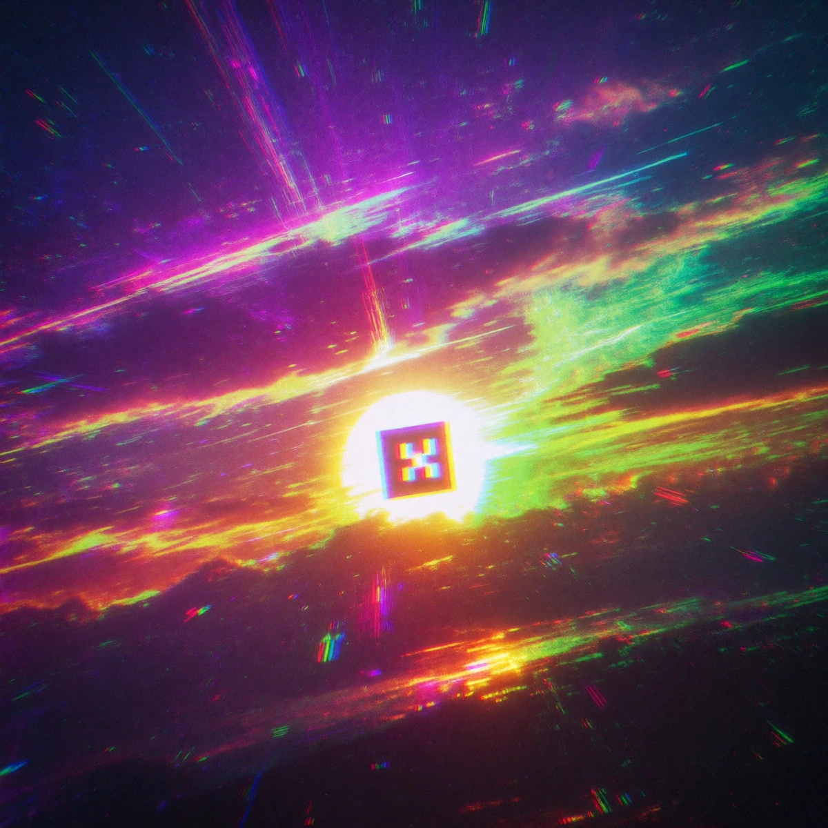 A neon cyber-sunrise where the sky is glitching out, electric purple and acid green streaks screaming across the horizon, the sun is a slightly too sq