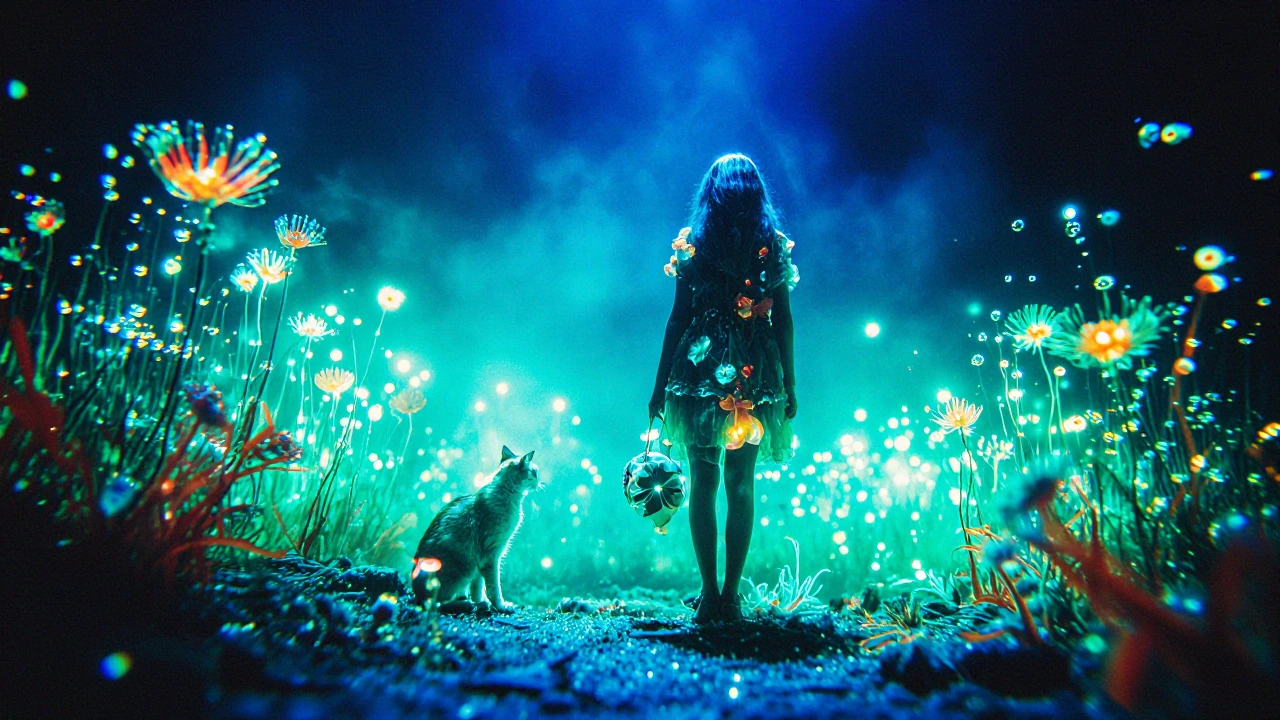 Woman in a frilly minidress and flowers . Cat nearby, All neon