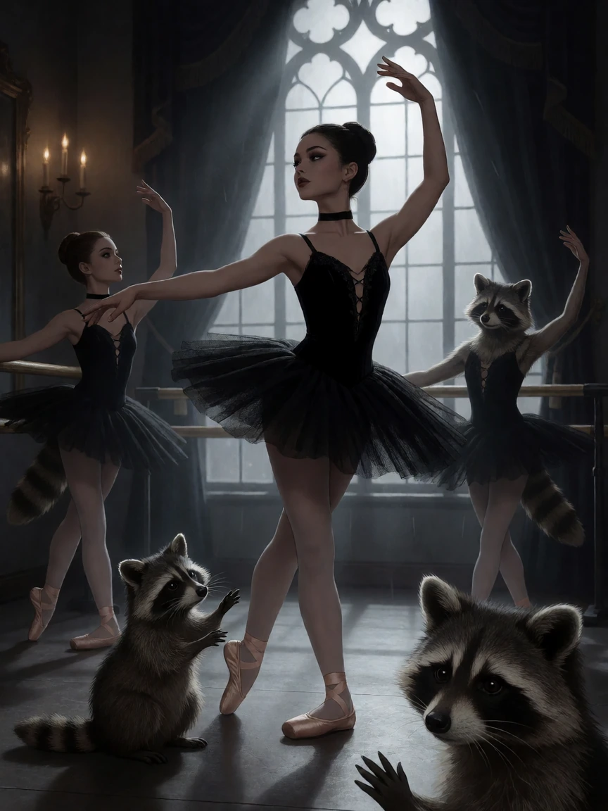Dark gothic Ballet class, but with raccoons