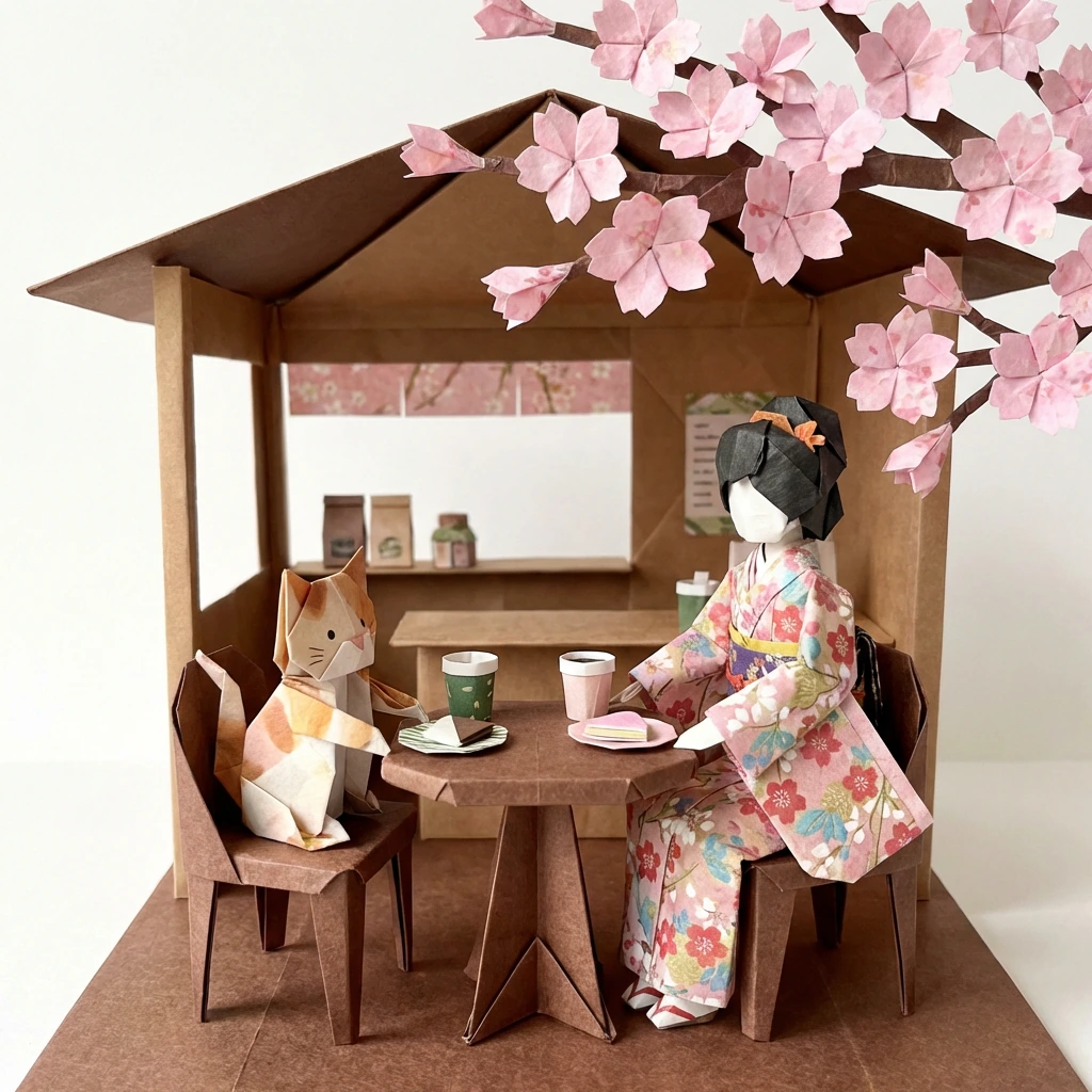 All origami art / Woman in kimono and cat at cafe, cherry blossoms
