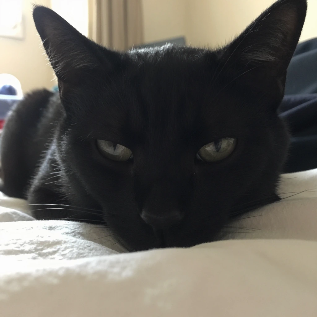 Close-up of a black cat's face resting on a bed, amateur snapshot with harsh indoor lighting creating blown-out highlights on its fur, soft focus around the edges