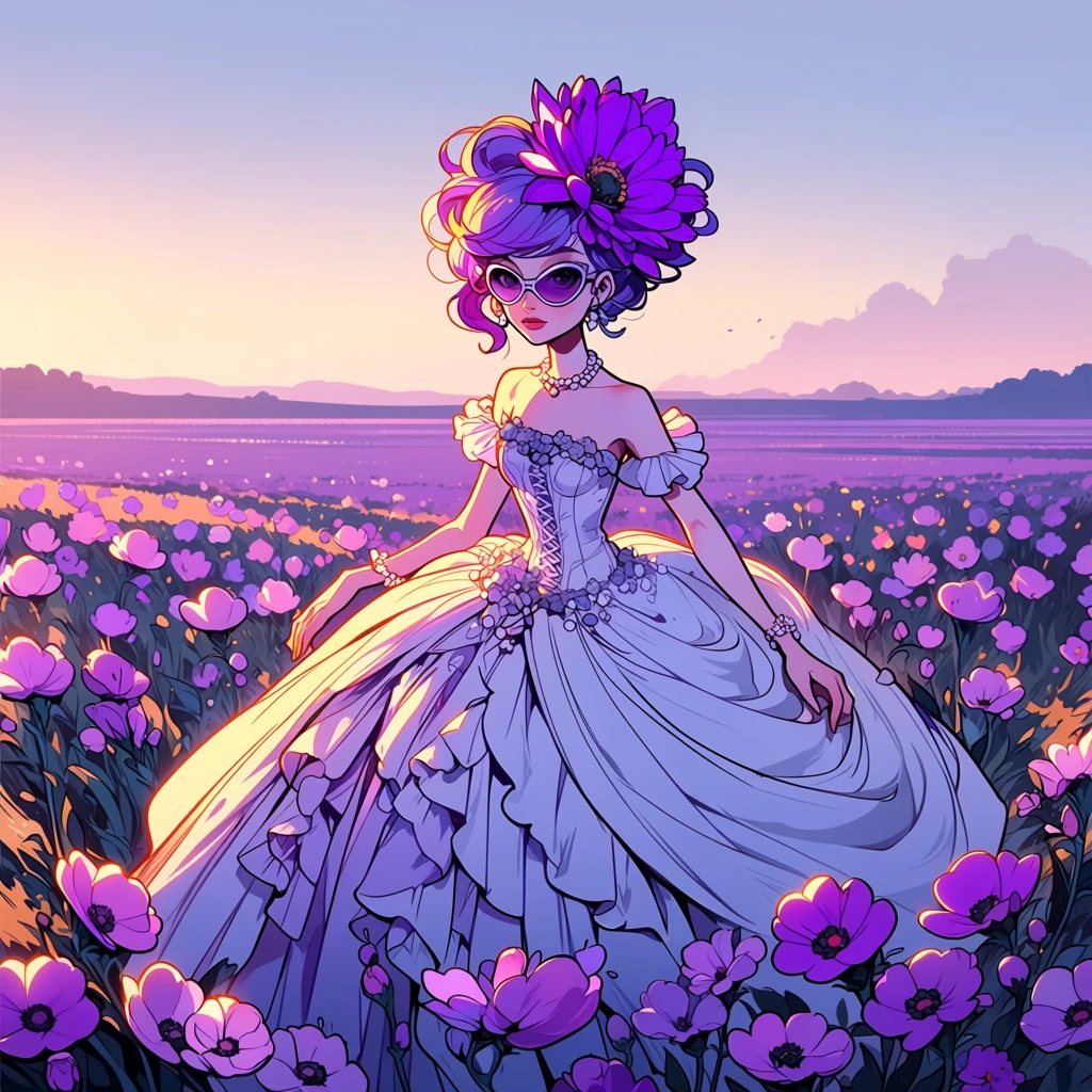 Aesthetic female full-body composition cinematic lighting: A captivating young woman with ethereal purple hair adorned with a large, vibrant purple flower, standing gracefully in a vast field of blooming purple flowers under a dreamy twilight sky. Sh