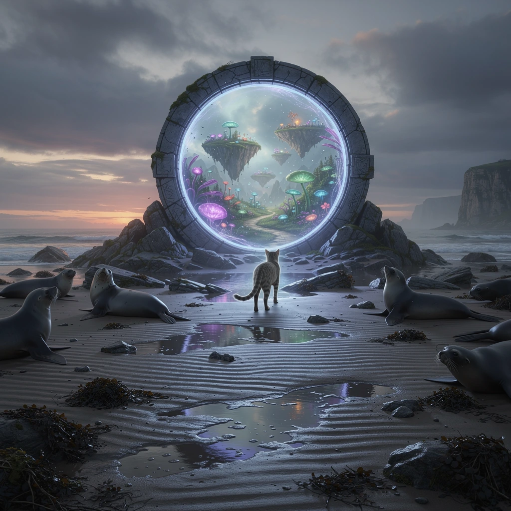 Mysterious Island with a glowing portal that goes into another world. This island only shows up during low tide. Make the image during low tide and we can see the bottom of the ocean. The water has receded. Seals, a cat standing by the portal.
