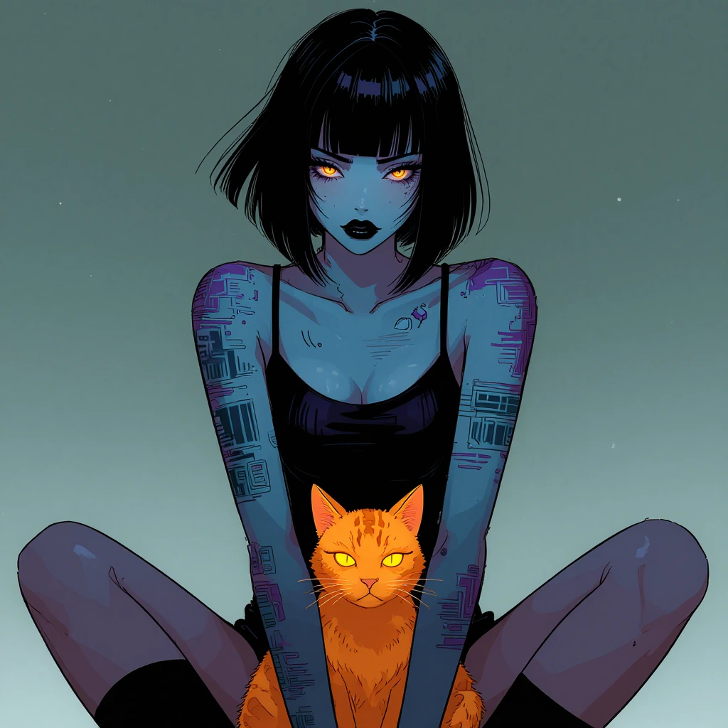 A moody, cybernoir anime art illustration featuring a mysterious young woman with a sleek black bob haircut and straight bangs, sitting crosslegged against a smooth tealtogrey gradient background dotted with faint stars. Her skin is a striking pale b