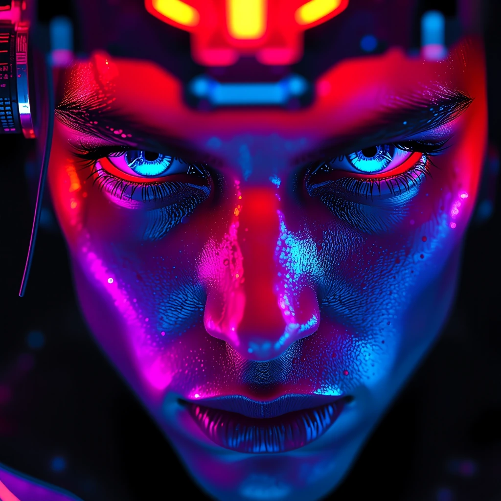 extreme close-up portrait, shallow depth of field bokeh, anamorphic lens flares scattered across frame, volumetric atmospheric haze, neon cyan and mag