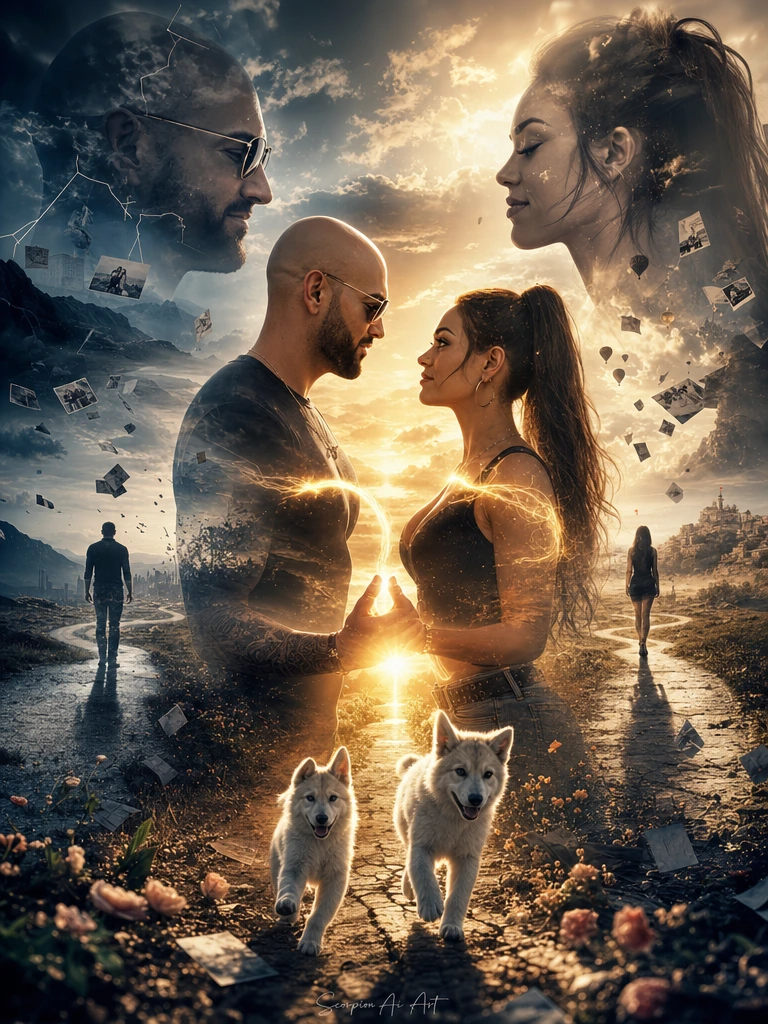 Connection Lost — Connection Found Again Create a breathtaking cinematic double-exposure scene symbolizing a connection that was once lost but has finally been found again. In the center, our favorite couple stands face-to-face after being separated