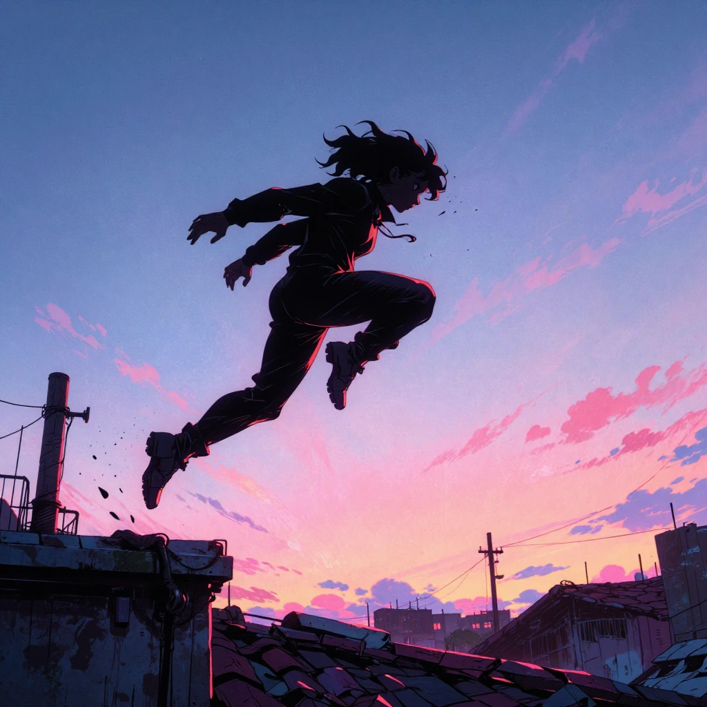 a figure mid-leap across rooftops at dusk, wind whipping through their hair, volumetric light cuttin…