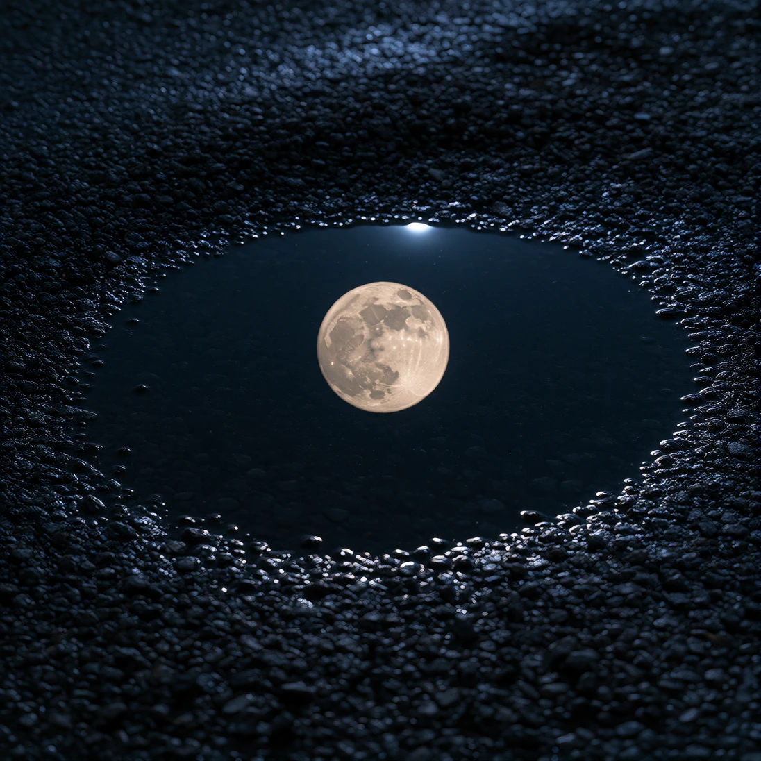 A single round puddle on dark asphalt at night reflecting a full moon — but the sky above is empty. Straight-down angle, blue-black and silver.