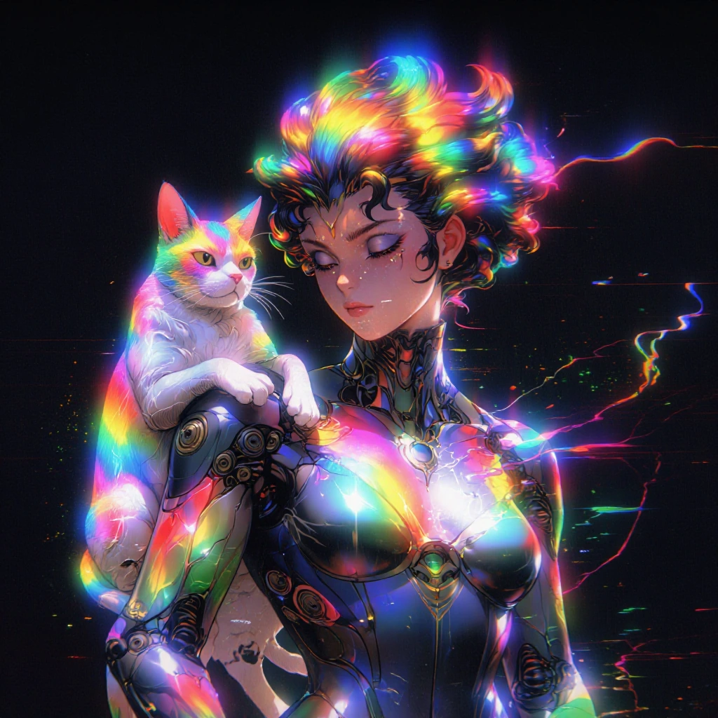 Beautiful woman in a sleek rainbow steampunk futuristic mech jumpsuit . Rainbow cat on shoulder. Rainbow Ombre hair. Starfield background. Anime photo