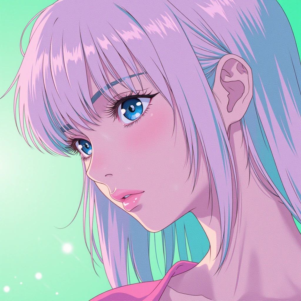 anime girl with long pastel hair, light pink and aquamarine illustrations, in the style of Martina Medin, ethereal details, glassy skin, in the style of Kuvshino, closeup intensity, in the style of Natalia Rak