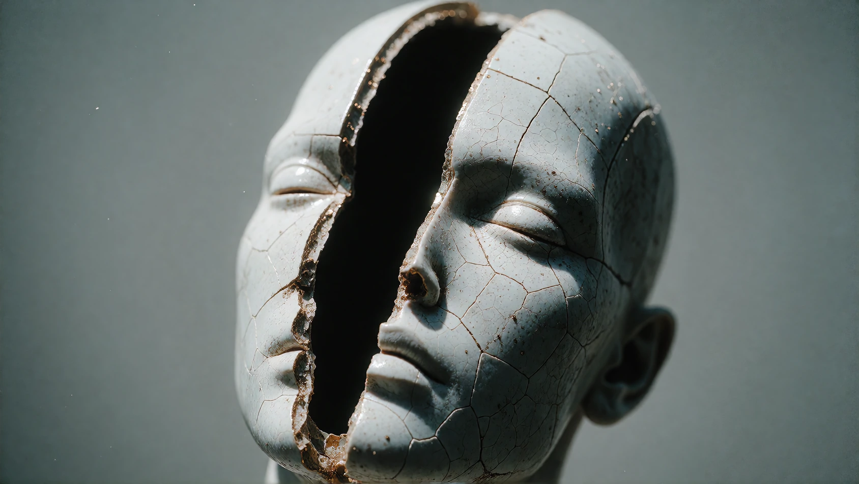 Capture a surreal portrait of a human head sculpted like a hollow porcelain shell, cracked open along a vertical seam like a cabinet door swinging ajar, revealing complete emptiness inside—no brain, no structure, just smooth matte-black void that see