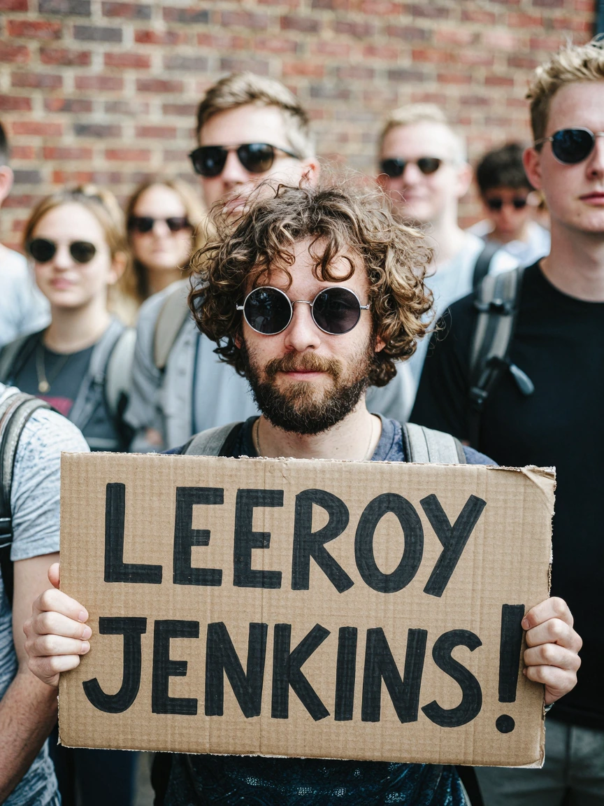 Crowd gathered outdoors in front of a brick wall. Foreground figure with curly hair, round sunglasses, and a beard holds a cardboard sign reading “LEE