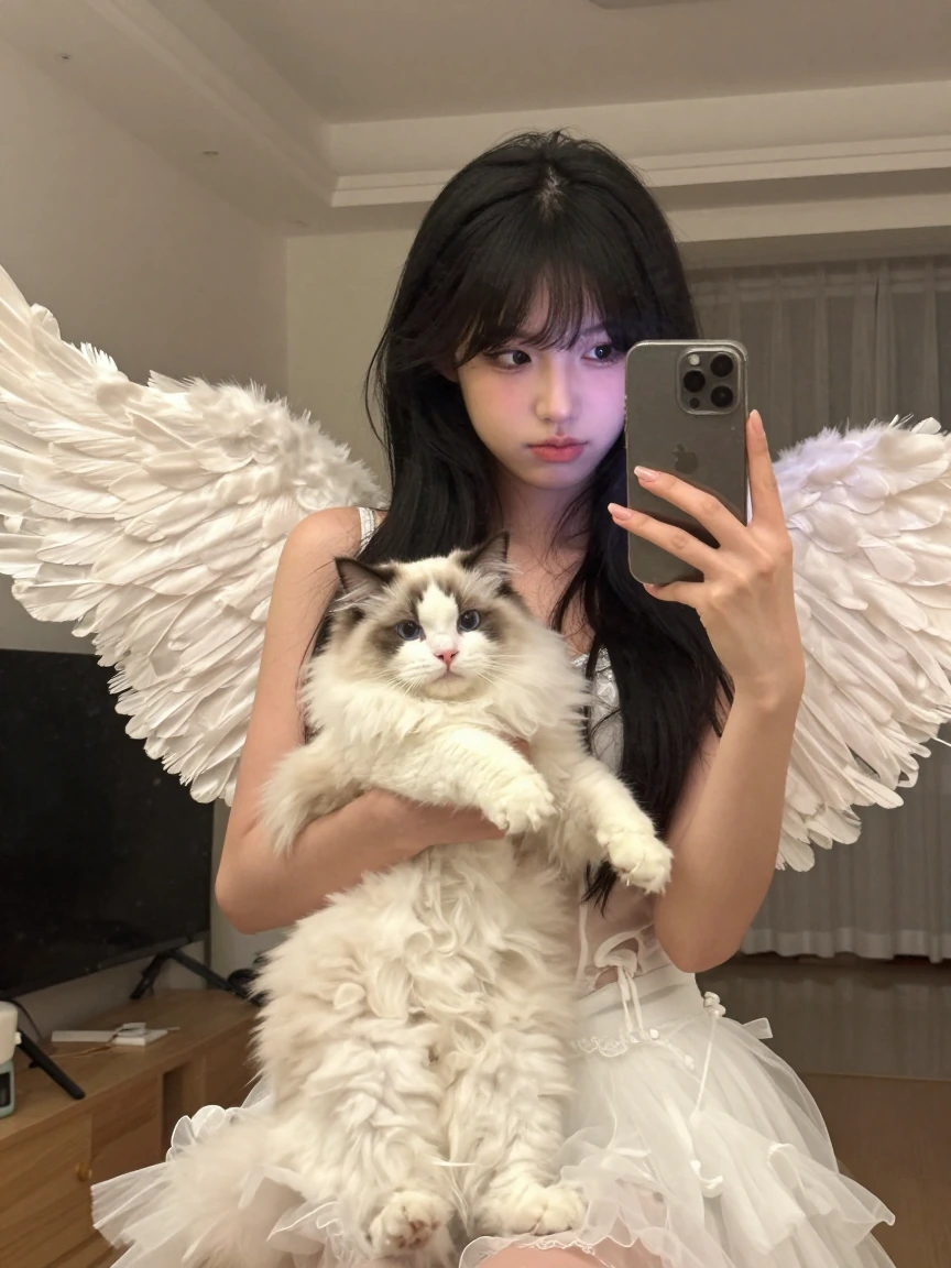 Crazy girlfriend, pretending to be an angel and taking a selfie with her cat. She also tried to make her cat look like an angel with angel wings.