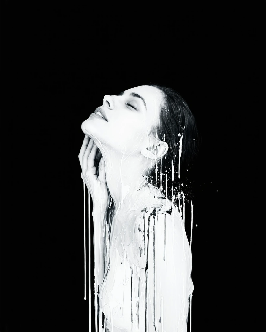 High-contrast black and white fine-art portrait, upside-down composition of a woman emerging from a deep black background, head tilted back in serene relaxation, eyes closed with a subtle smile, arms raised with one hand gently resting on her face, r