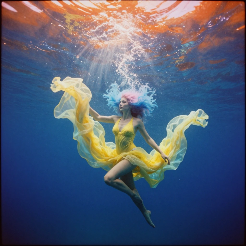 dark fantasy 80s woman sitting dessert flat blue ocean with flowing yellow bathingsuit on, she has powder blue hair and the background is orange, but 