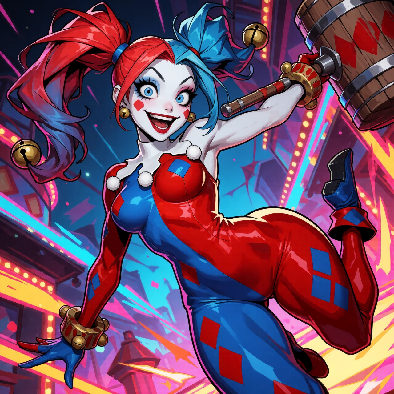 Jester woman in Harley Quinn style—anime rendering with exaggerated proportions, wide-eyed manic expression, asymmetrical pigtails (one red, one blue) with jingle bells, fitted harlequin bodysuit split 50/50 red and blue with diamond patterns, holdin