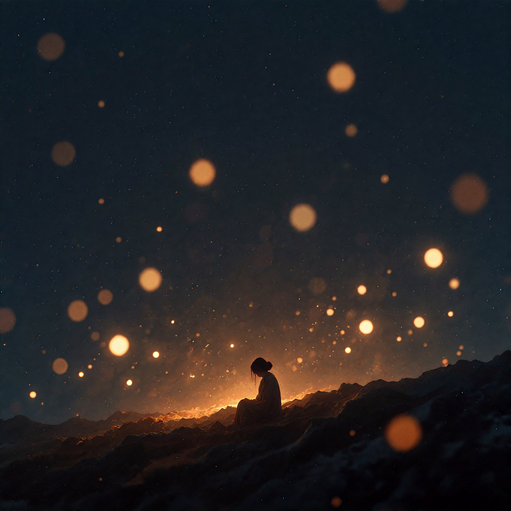 a dreamy minimalist artwork titled Midnight Soft - a vast dark indigo night sky dissolving into warm amber glow at the horizon, soft blurred bokeh lig