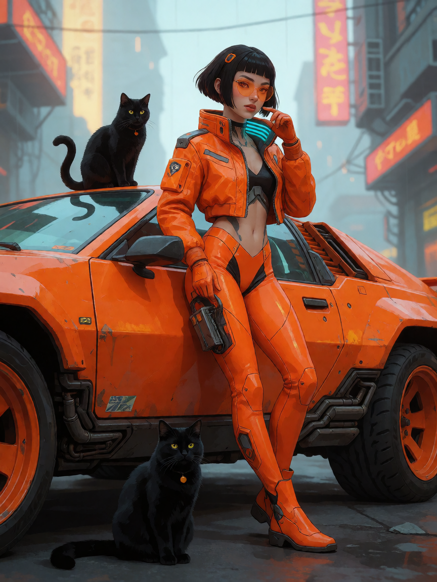 Orange cyberpunk girl with an orange sci-fi car and a cat