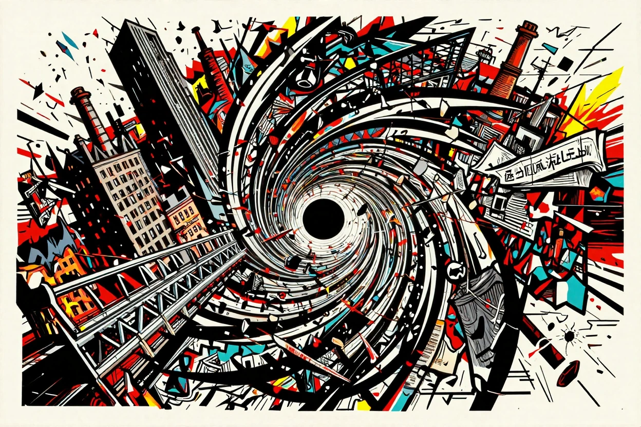 Prompt: Create a high-impact neo-Vorticist glitch artwork of a violent urban vortex forming over an…