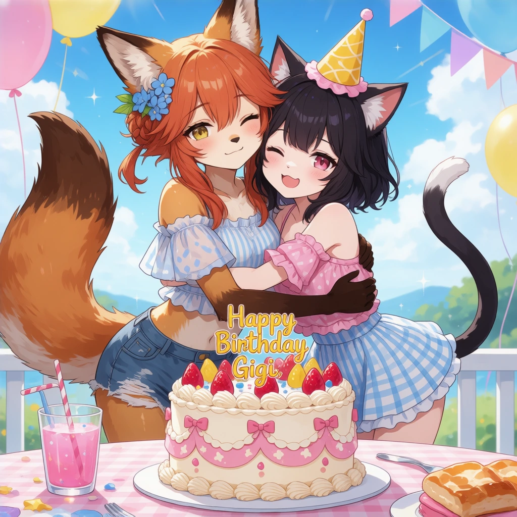 A cute female fox and a cute female cat hugging at a birthday party. They are both dressed and cute summer clothes. Beautiful fancy birthday cake. Sunny day. Artsy.” Happy Birthday Gigi”