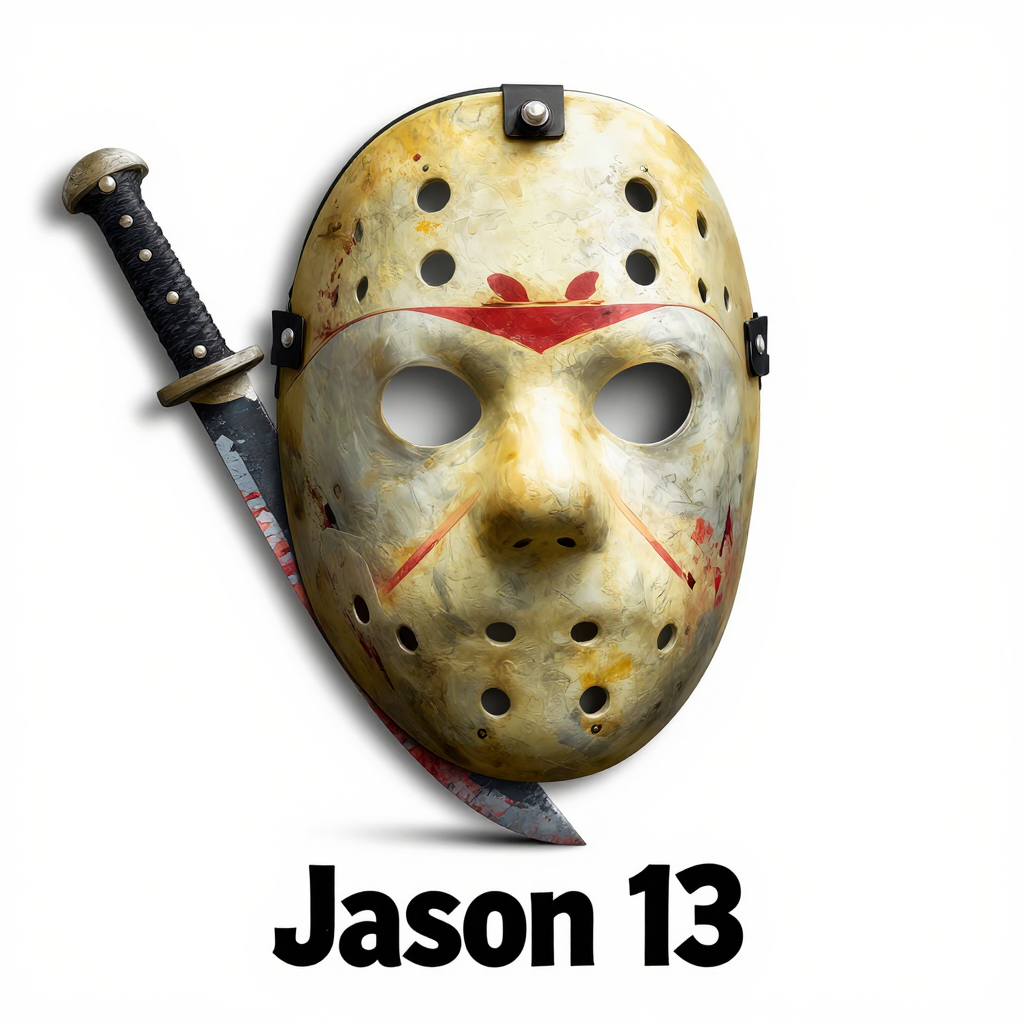 (No humans) Floating on a White Background, A Featureless Hockey Mask with holes in a dirty yellow, a bloodied Machete. Title: "Jason 13"