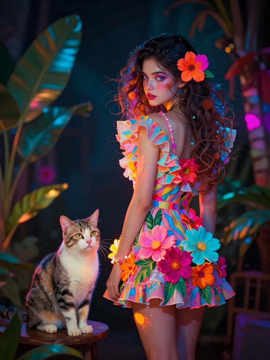 Woman in a frilly minidress and flowers . Cat nearby, All neon