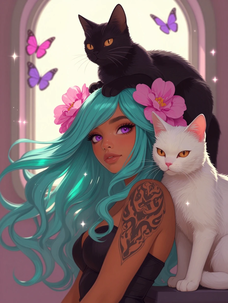 A striking illustration depicts a woman with flowing teal hair adorned with vibrant pink flowers, featuring purple eyes and warm brown skin. She wears black clothing decorated with intricate tattoos on her shoulders. A black cat with golden eyes perc