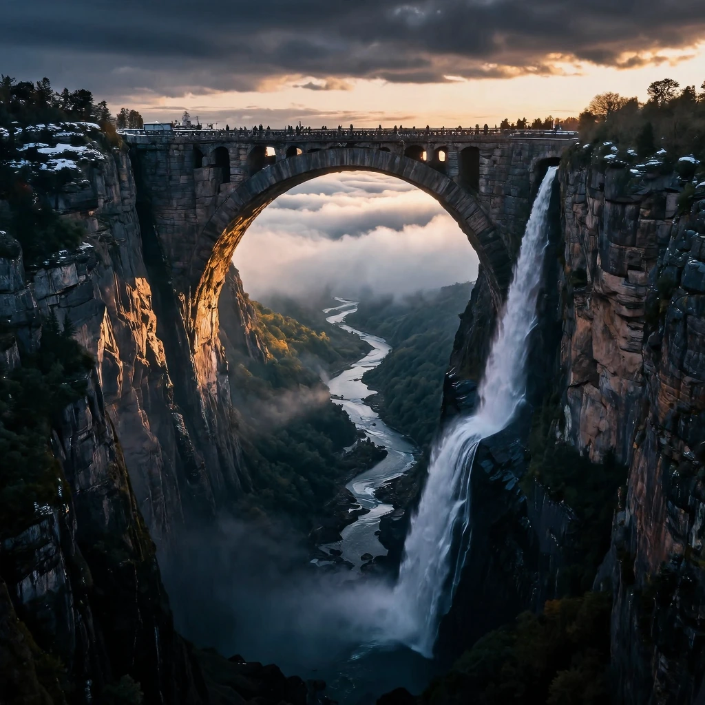 A cinematic aerial shot of a colossal natural stone archway rising above a sea of clouds, with snow-dusted peaks on top and sheer vertical cliff faces