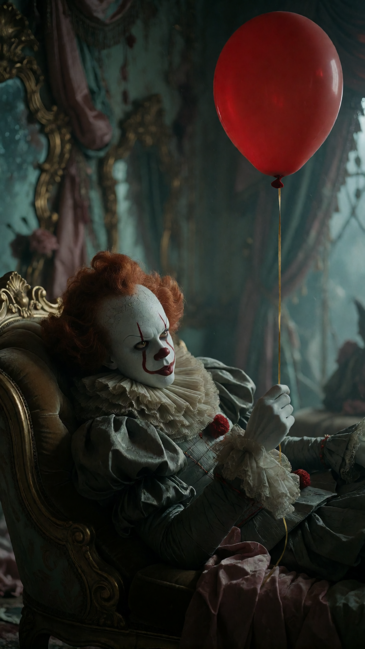 Create a Rococo decadence painting of Pennywise. He is a pale, porcelain-skinned seducer with fiery red curls, lounging on a velvet chaise. His ruffle