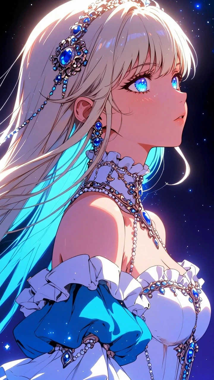 Masterpiece, best quality, ultra-detailed 8K 3D anime illustration, dramatic cinematic close-up portrait with soft glowing rim light and sparkling particles. Alexis Sterling in elegant side profile close-up. Long flowing platinum-blonde hair with vib
