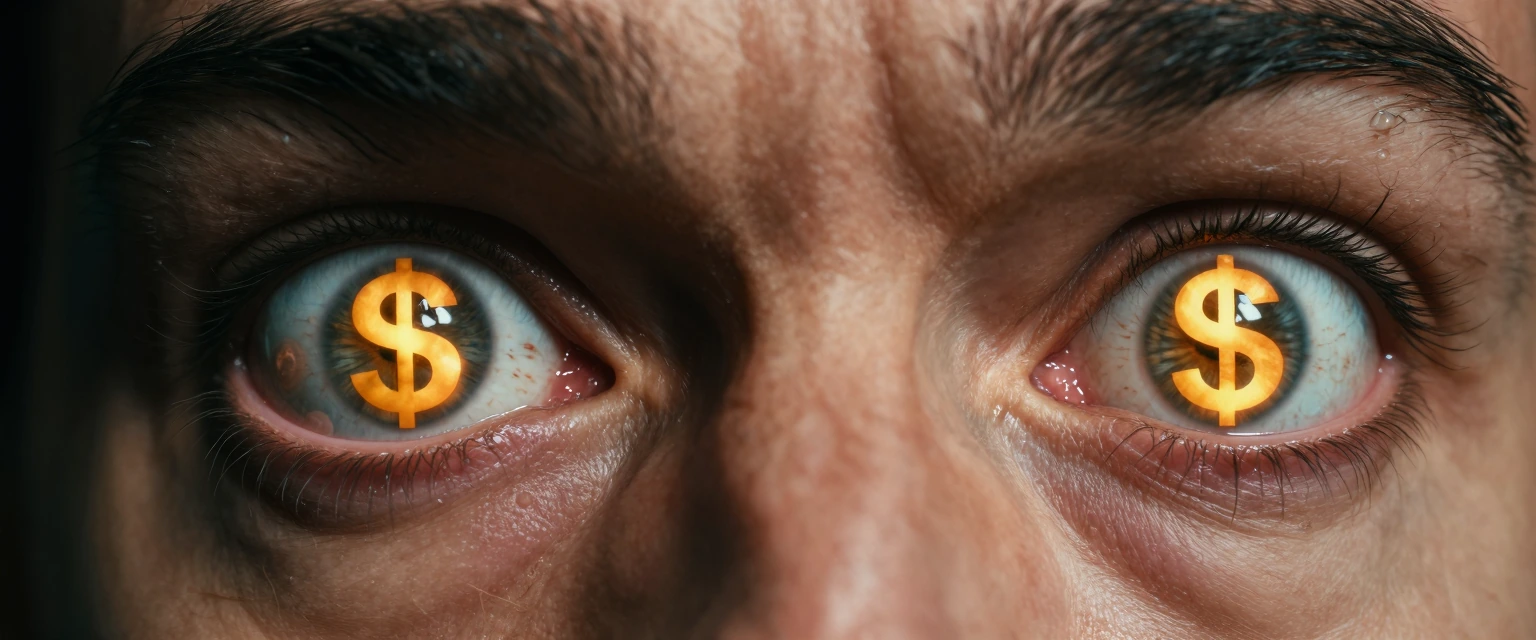 Extreme macro of a man's eyes blown wide in shock, pupils fully dilated, golden dollar signs "$" reflecting across both irises like a mirror. Fine veins spider-webbing the whites, individual lashes sharp-edged, sweat beading at inner corners. Skin st