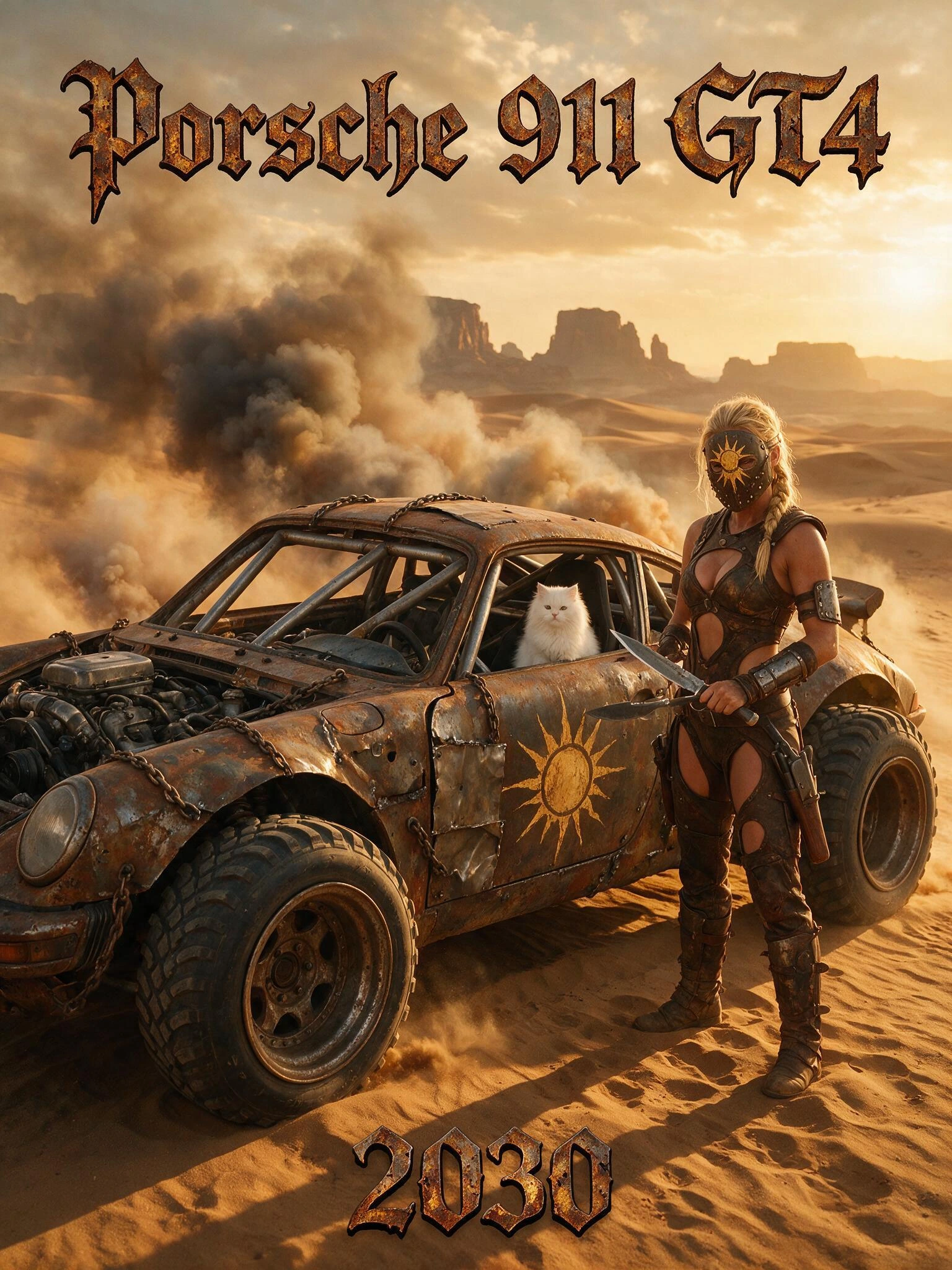 Porsche 911 GT4 stripped down and welded into a desert raider: hood cut away to expose raw engine block, roll cage welded through the cabin, hood and doors replaced with salvaged metal plating and chains, tires oversized and wrapped in industrial ste