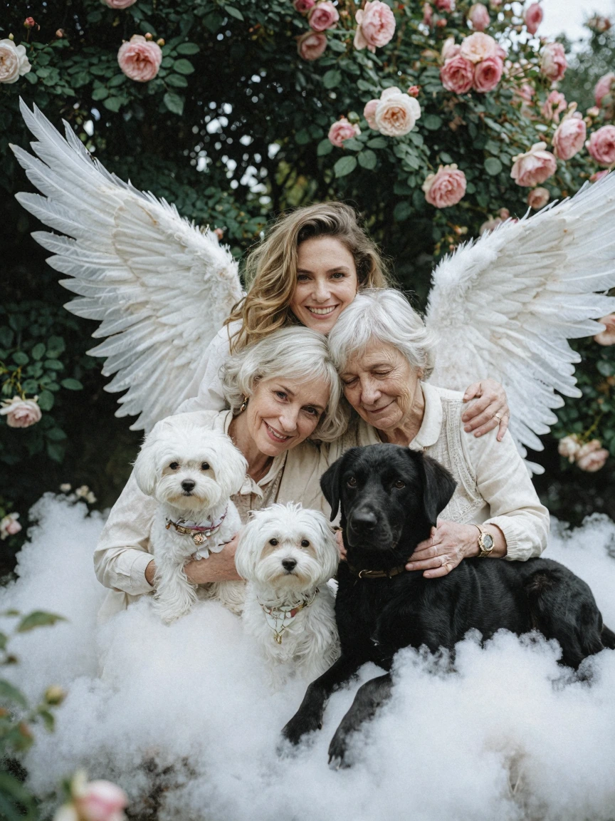 Smiling Woman dark blonde hair in a garden in the clouds with wings hugging two old women and cats and a Maltese and a black Labrador. Roses, dusty rose background