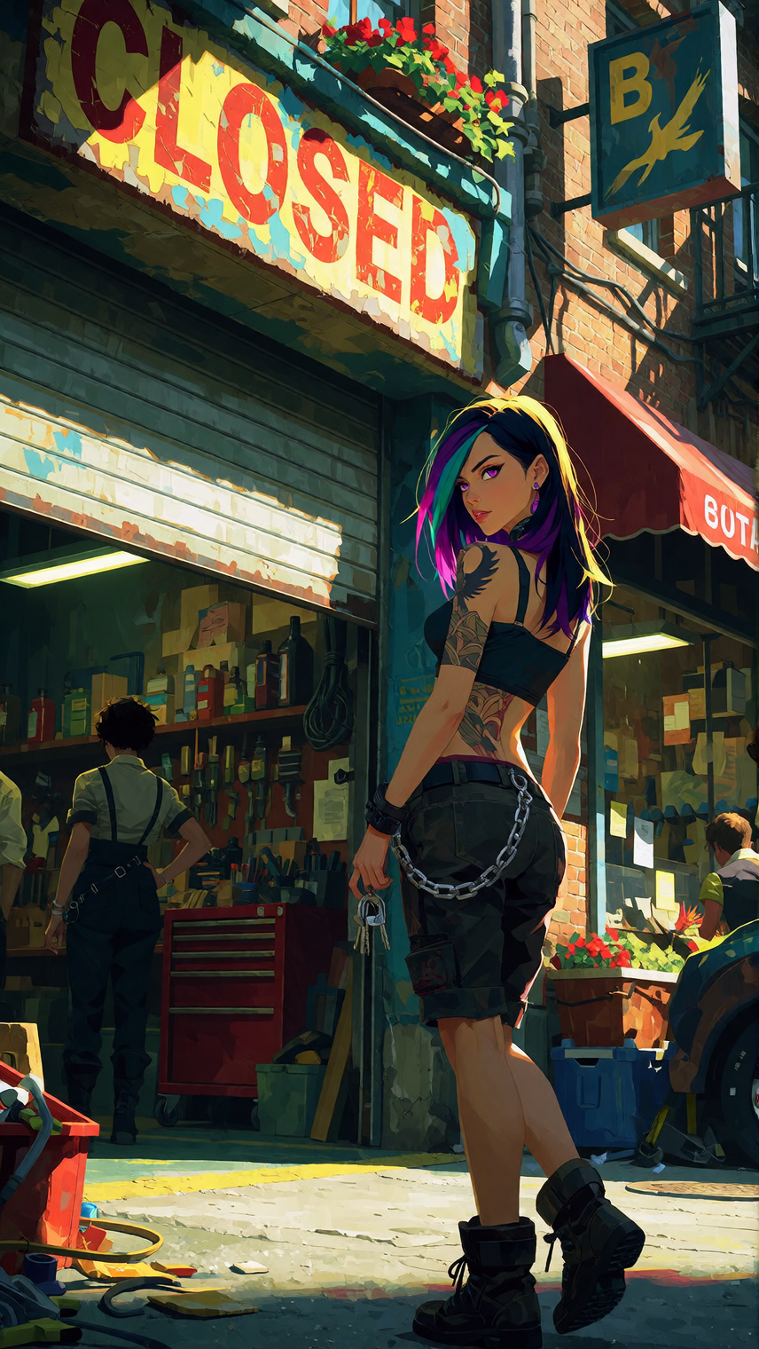 Masterpiece, best quality, ultra-detailed 8K cinematic semi-realistic anime, highly detailed glossy skin, dusk shop lighting, rich color grading, perf