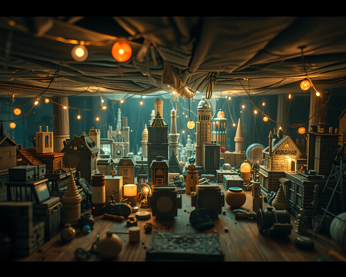 Child's point-of-view from beneath a bed: a sprawling miniature metropolis constructed from found objects—toy blocks, bottle caps, cardboard tubes, matchsticks—across wooden floorboards and the sagging underside of the mattress above. Warm fairy ligh