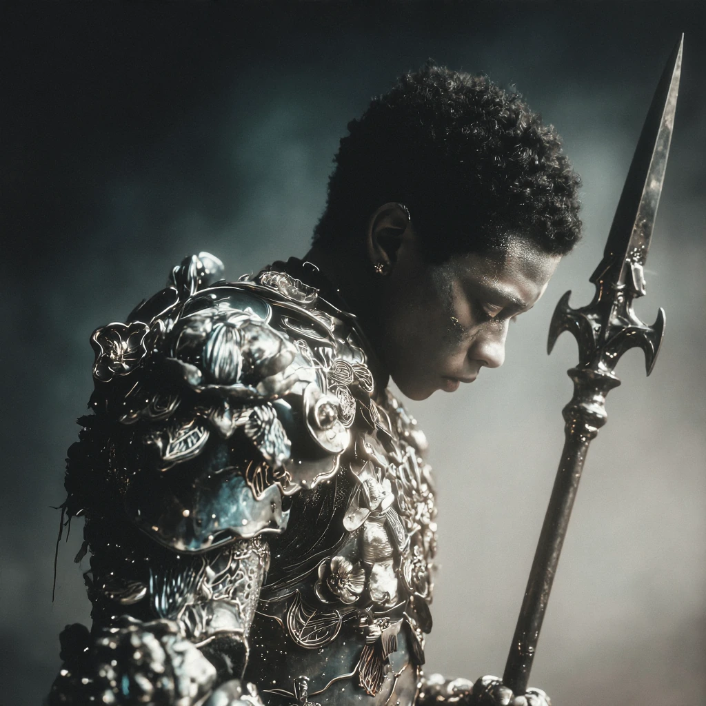 A powerful, cinematic portrait of a young Black man in profile, his face featuring a dramatic, iridescent metallic silver skin-paint finish, and his n