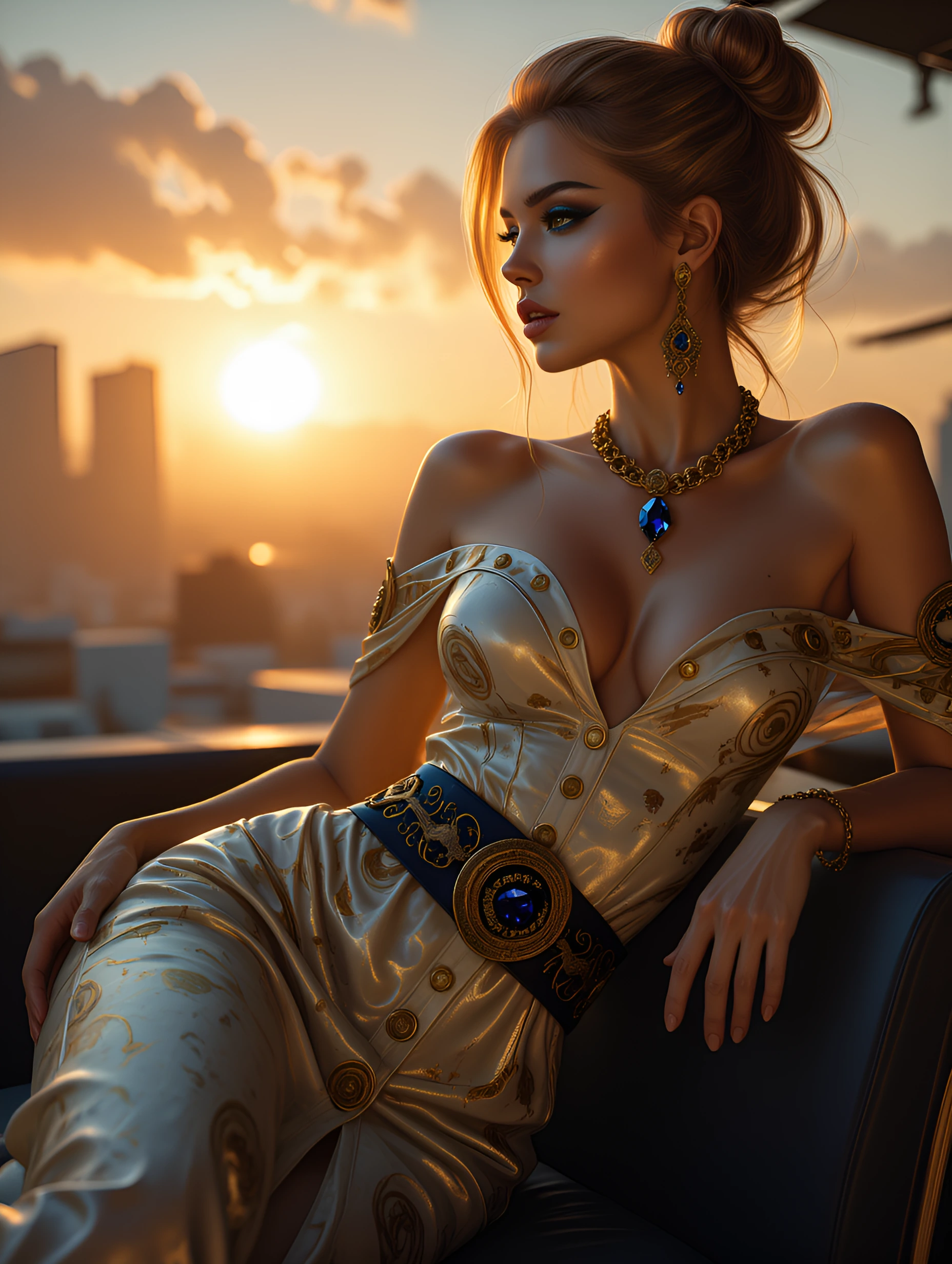 Luxury Rooftop Restaurant at sunset, Supermodel height and supermodel slender curves, Electric blue eyeshadow, Golden lustrous hair styled into a elaborate bun. Shimmering White & gold silk strapless bare shoulder button up dress the buttons resembli