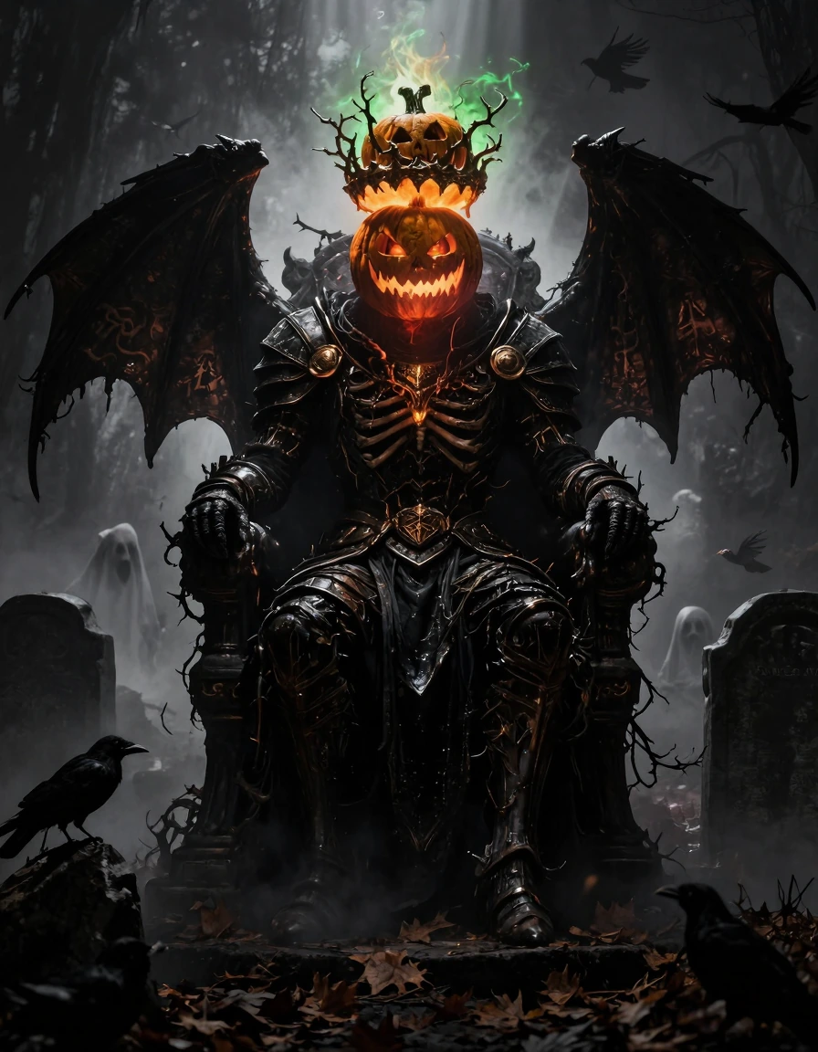 A highly detailed cinematic portrait of the Hallow King, a terrifying and majestic Halloween spirit ruler. He is a towering skeletal warrior with a flaming pumpkin head carved into a menacing jack-o'-lantern grin, glowing orange eyes burning with inf